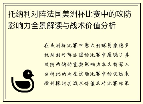 托纳利对阵法国美洲杯比赛中的攻防影响力全景解读与战术价值分析